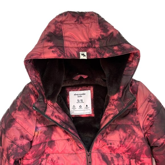 Abercrombie Kids Cozy Pattern Faux Fur Lined Puffer Coat Red Dye Effect 5/6 - Picture 8 of 16